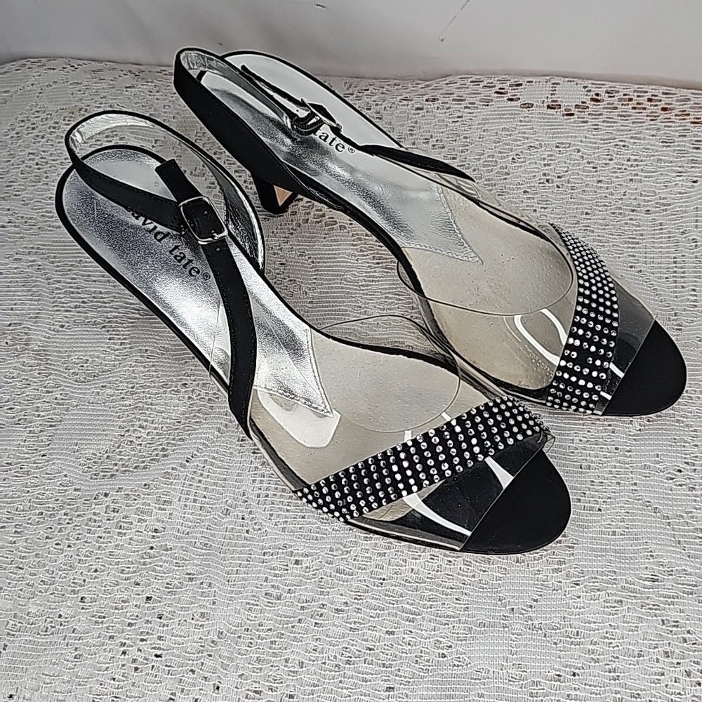 David Tate Flamingo peep toe sling back clear black rhinestone heels sz 10
